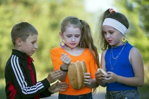 Cheerful children, a boy and two girls in bright clothes are eating a roll on the street. photo