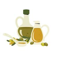 Set of glass pitcher and corked bottle of olive oil, spoon with yellow fat, branch of olive trees. Glass bottles of vegetable oil. Kitchenware, cooking concept. Healthy food. Vector flat illustration