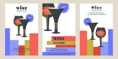 Set of wine poster. Modern glasses of wine with flower decor and corporate identity for banner, flyer, invitation. Vector illustration for winery bar, advertising, menu, restaurant, wine house, party