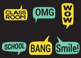 Back to School in comic speech bubbles, pop art style. Education concept. Comic dialog cloud, space cartoon. Set memphis school comic bubble halftone dot. Creative idea conversation explosion balloon vector