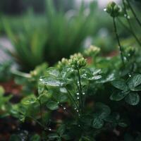 Plants with fresh water drops in garden image photo