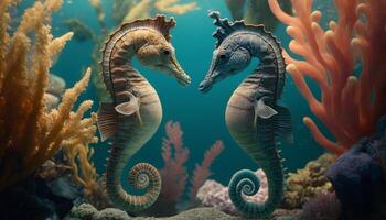 Beautiful scene with two seahorses in the sea photo