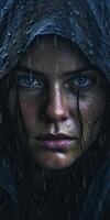 close up of dark age in rain and fog dramatic scene photo