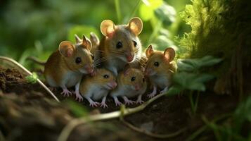 mamá ratón con su bebés adorable foto generativo ai