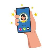 Illustration of a hand holding a phone with an incoming call. Talk on the phone, video call, cancel the call. Vector graphic.