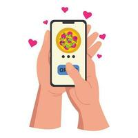 Illustration of two hands holding a phone ordering a pizza delivery. Vector graphic.