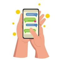 Illustration of two hands holding a phone with an open chat. Messages, communication, discuss. Vector graphic.
