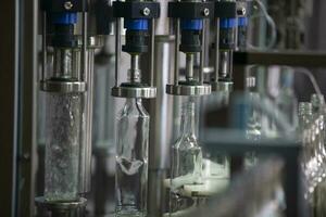 A long row of glass bottles on a conveyor belt. Production of alcoholic beverages. photo