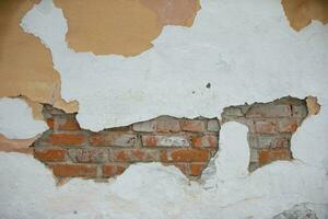 Texture of an old brick wall with peeling white paint. photo