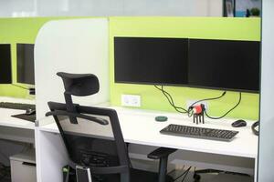 Belarus, the city of Gomel, May 06, 2021. Central office in the area.Workplace of a programmer or designer. There are two monitors on the table. photo