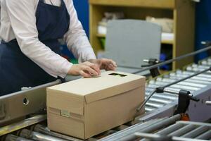 Packing conveyor. The hands of the packer pack the goods into the box. photo