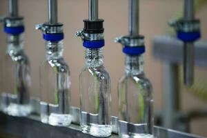 A row of glass bottles on a conveyor belt for the production of alcoholic beverages. photo