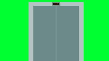 ascensor puerta abierto y cerrado verde pantalla animación. ascensor cabina pasajero levantar transporte piso a piso oficina edificio. esperando ascensor vacío vestíbulo pasillo corredor, piso indicador dígito. video