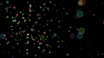 Rainbow colorful particle element of circle and pentagon star burst effect white star floating large circle falling on the black screen video