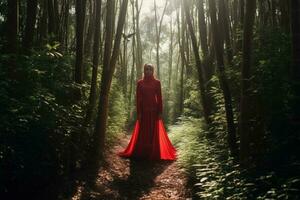 full body photo of muslim young woman wearing red hijab in the forest