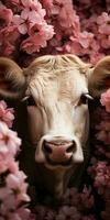 White cow face among pink flowers photo