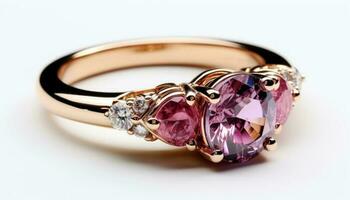 an oval beautiful pink ruby solitaire ring on white background photo