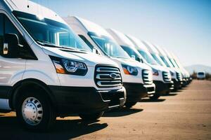 Row of white trucks parked next to each other on top of parking lot. Generative AI photo