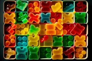 Bunch of gummy bears are in plastic container with gummy bears in it. Generative AI photo