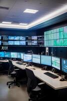 Room filled with lots of computer monitors and monitors on wall above desk. Generative AI photo