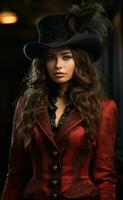 a woman in a red and black lace costume with black hat photo