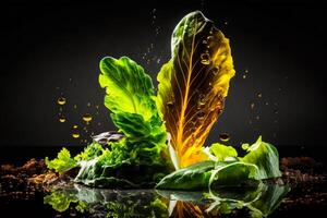 An image of lettuce with water splashing on it. Generative AI photo