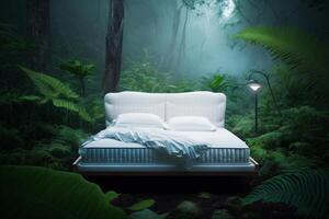 An image of bed in the middle of forest. Generative AI photo