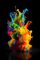 Multicolored liquid splashing in the air on black background. Generative AI photo