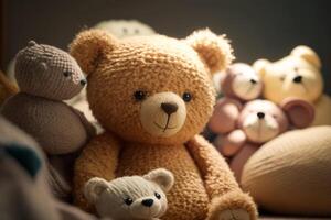 Brown teddy bear sitting next to white teddy bear and smaller teddy bear. Generative AI photo