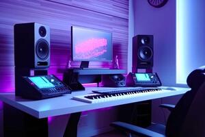 Desk with keyboard, monitor, speakers and clock on it. photo