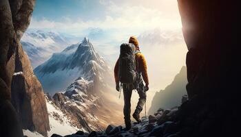 Man with backpack is standing on top of mountain. photo