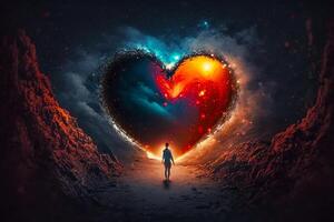 Man standing in front of heart shaped firework in the middle of desert. photo
