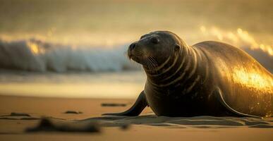 Large seal laying on the beach at sunset. Generative AI photo