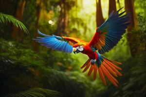 Colorful parrot flying in the air over forest filled with palm trees. Generative AI photo