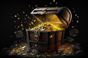 An open chest filled with gold coins on black background. Generative AI photo