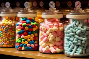 Row of glass jars filled with different colored marshmallows on top of wooden table. Generative AI photo