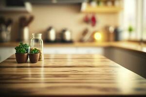 Wooden kitchen counter with vase of plants on it. Generative AI photo