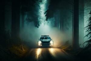 Car driving through dark forest at night. Generative AI photo