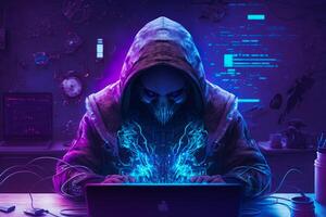 Man in hoodie sitting at laptop computer. Generative AI photo