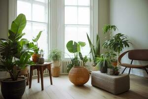 Room filled with lots of potted plants and chair in front of window. Generative AI photo