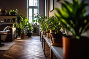 habitación lleno con un montón de en conserva plantas en parte superior de de madera piso. generativo ai foto