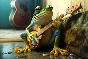 Frog playing guitar while sitting on rock next to guitar. Generative AI photo