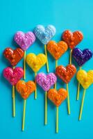 Group of heart shaped lollipops sitting on top of each other. photo
