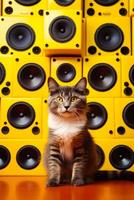 Cat sitting in front of wall of speakers with surprised look on its face. Generative AI photo