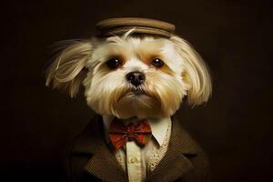 Small dog wearing suit and bow tie with hat on it's head. photo