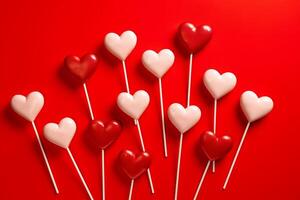 Group of heart shaped lollipops sitting on top of each other. photo