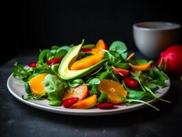 Plate of salad with avocado, oranges and spinach. photo