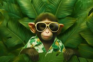 Monkey in shirt and sunglasses hiding behind green leafy background. Generative AI photo