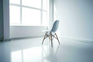 blanco silla sentado en frente de ventana en habitación con blanco paredes generativo ai foto