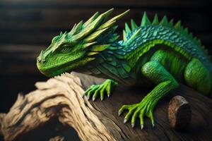 Green dragon statue sitting on top of tree branch next to piece of wood. Generative AI photo